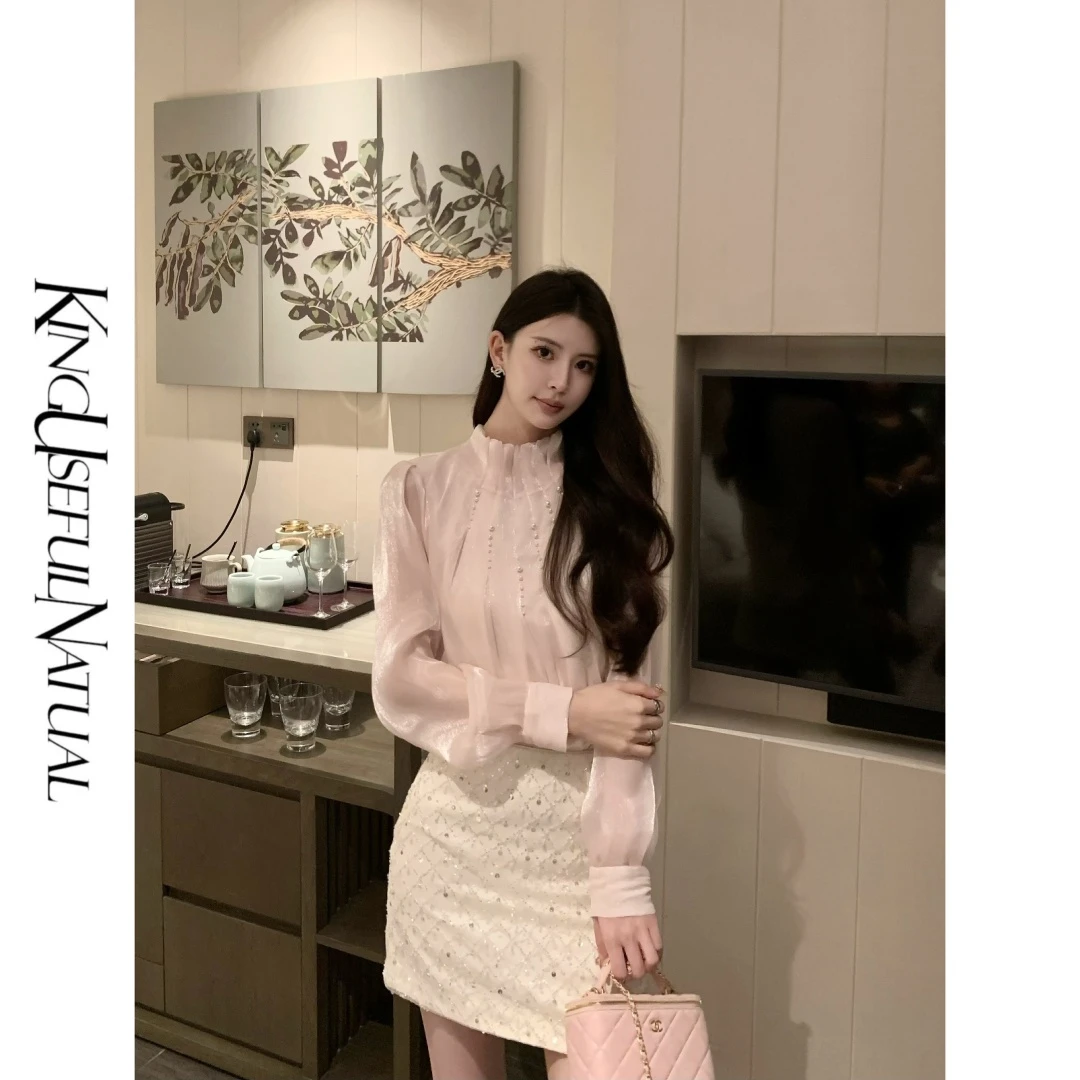 KUN【普罗旺斯的春】流光人鱼姬 珠光浅粉色光泽感柔美奢华钉珠上衣