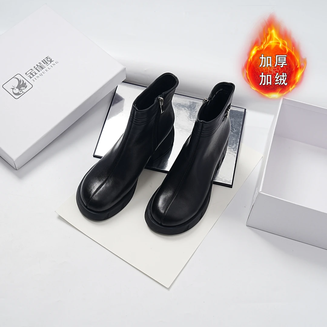 金雀绫【软糯靴】法式新款时尚粗跟加绒短靴SZAK4XAM1155