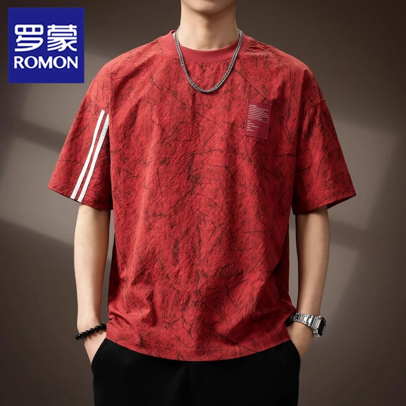 罗蒙夏季酒红色男士短袖t恤美式潮牌半袖上衣宽松休闲冰丝体恤衫