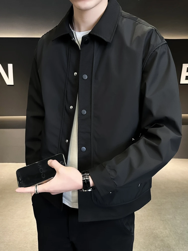爆款拼接秋装翻领外套男士2025春秋季新款潮流修身轻熟风夹克褂子