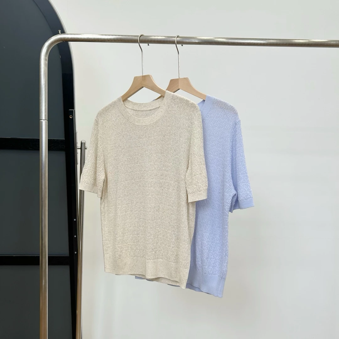 【若若美】H-8326夏日泡泡纱天丝亚麻针织短袖简约显瘦圆领针织衫