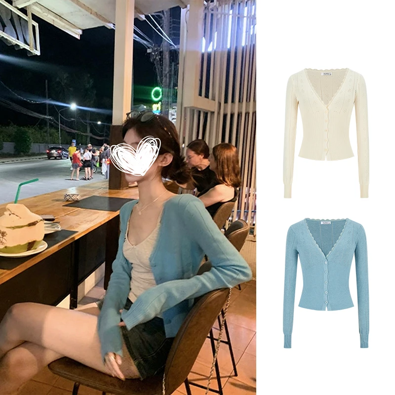 Moses Queen/魔西女王蓝色镂空针织开衫女春秋外搭薄款小披肩外套