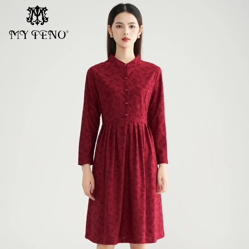 【福利专属】马天奴气质长袖红色收腰中式连衣裙VRAA07DRX0