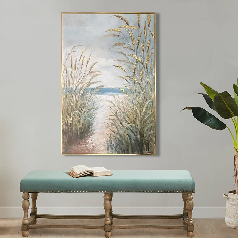 芦苇荡纯手绘油画客厅抽象美式极简挂画玄关餐桌竖版大幅装饰壁画