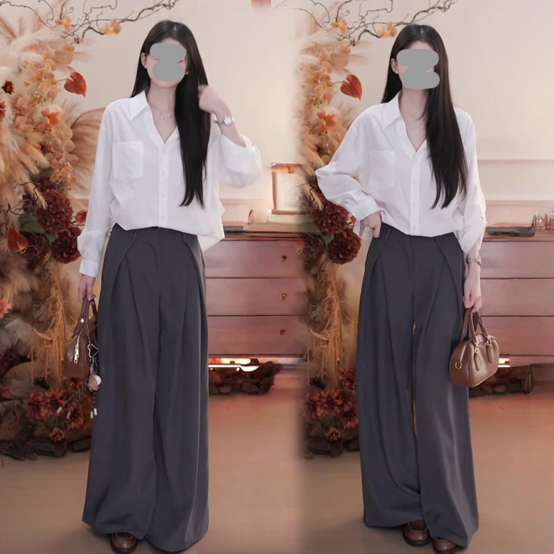 网红洋气炸街套装女2025年春秋新款收腰长袖衬衫蕾丝阔腿裤两件套