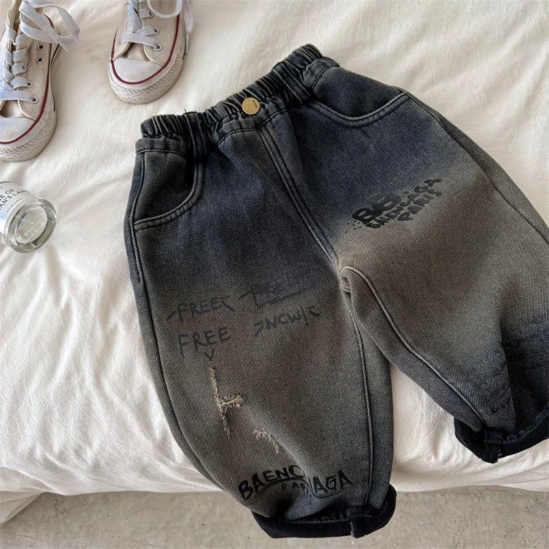 2025儿童长裤冬季新品男女宝宝加厚字母渐变色加绒牛仔长裤外穿潮