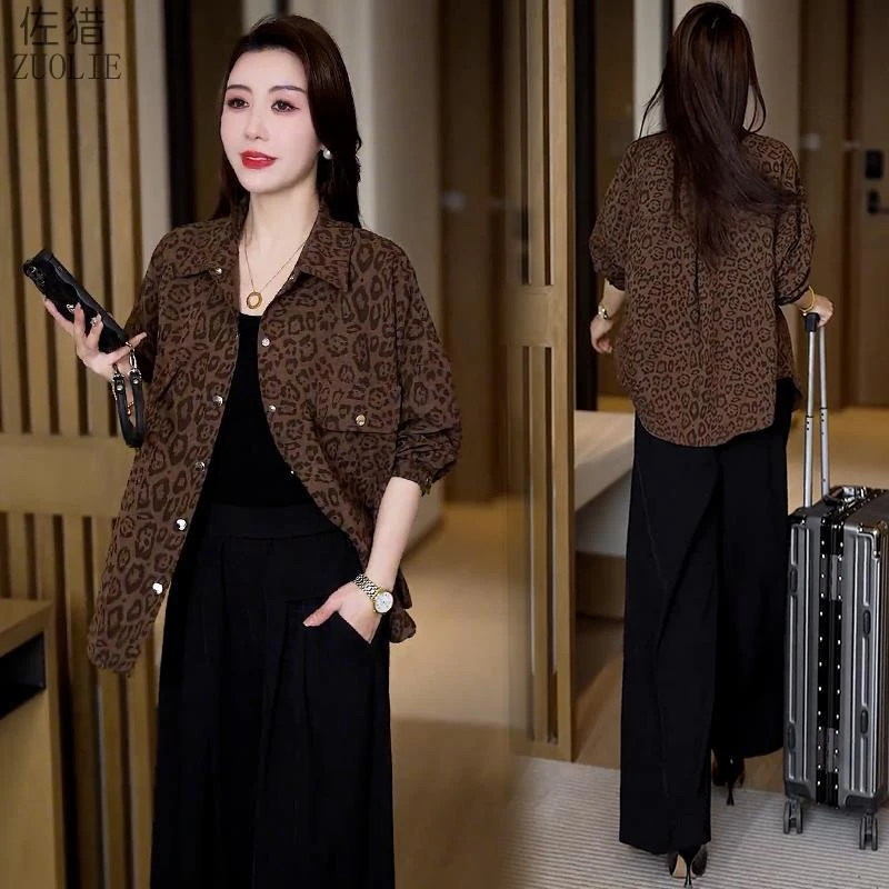 时尚豹纹衬衫女2025春秋新款洋气宽松遮肚子显瘦百搭休闲衬衣上衣