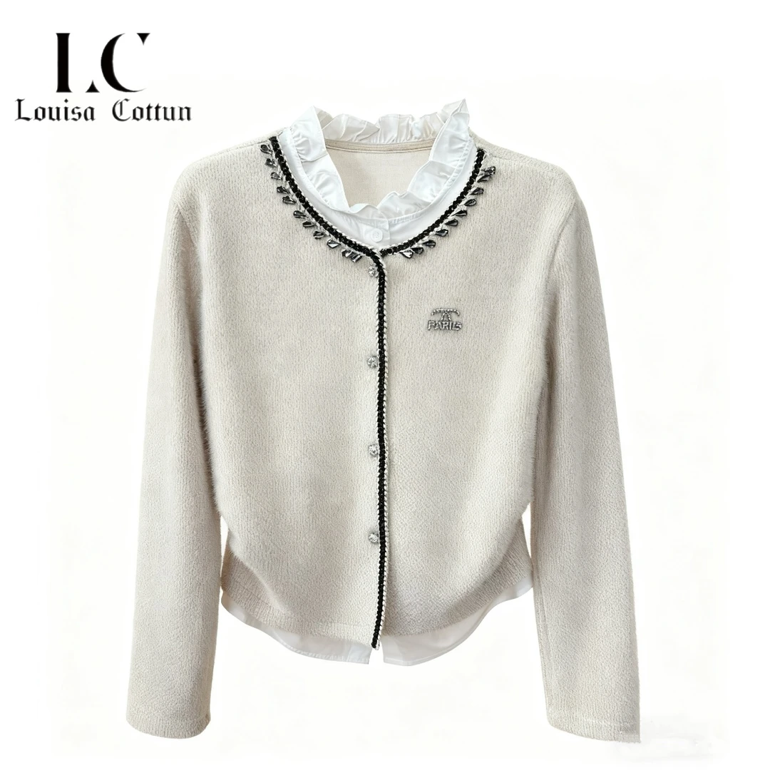 Louisa Cottun设计感秋冬花边假两件针织洋气百搭上衣YYA2644#