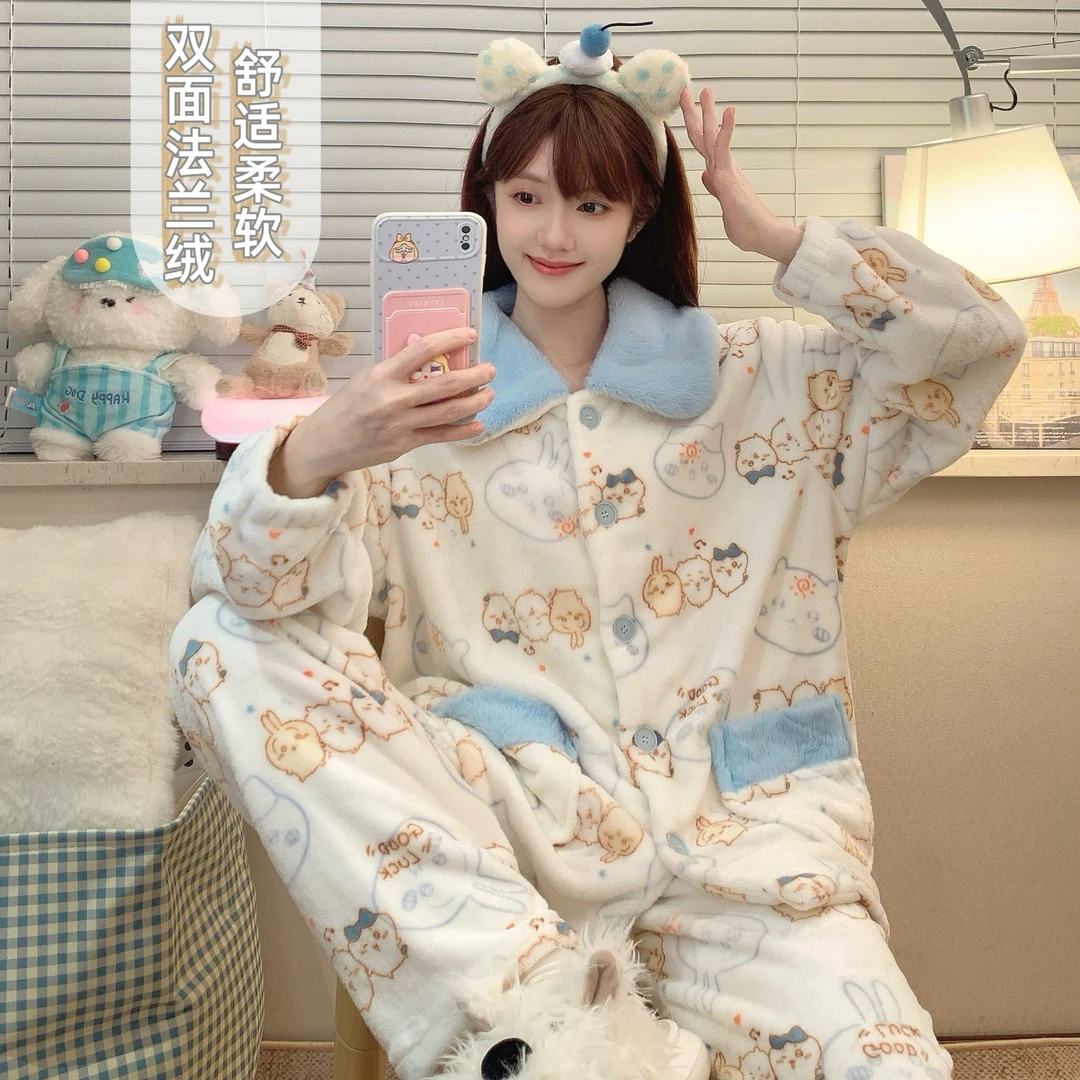 芯语婷秋冬季新款娃娃领法兰绒女士加厚保暖甜美卡通家居服两件套