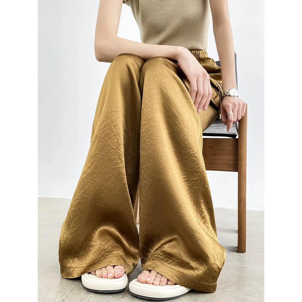 冰丝醋酸阔腿裤女夏季薄款高级感显瘦休闲垂感缎面窄版直筒拖地裤