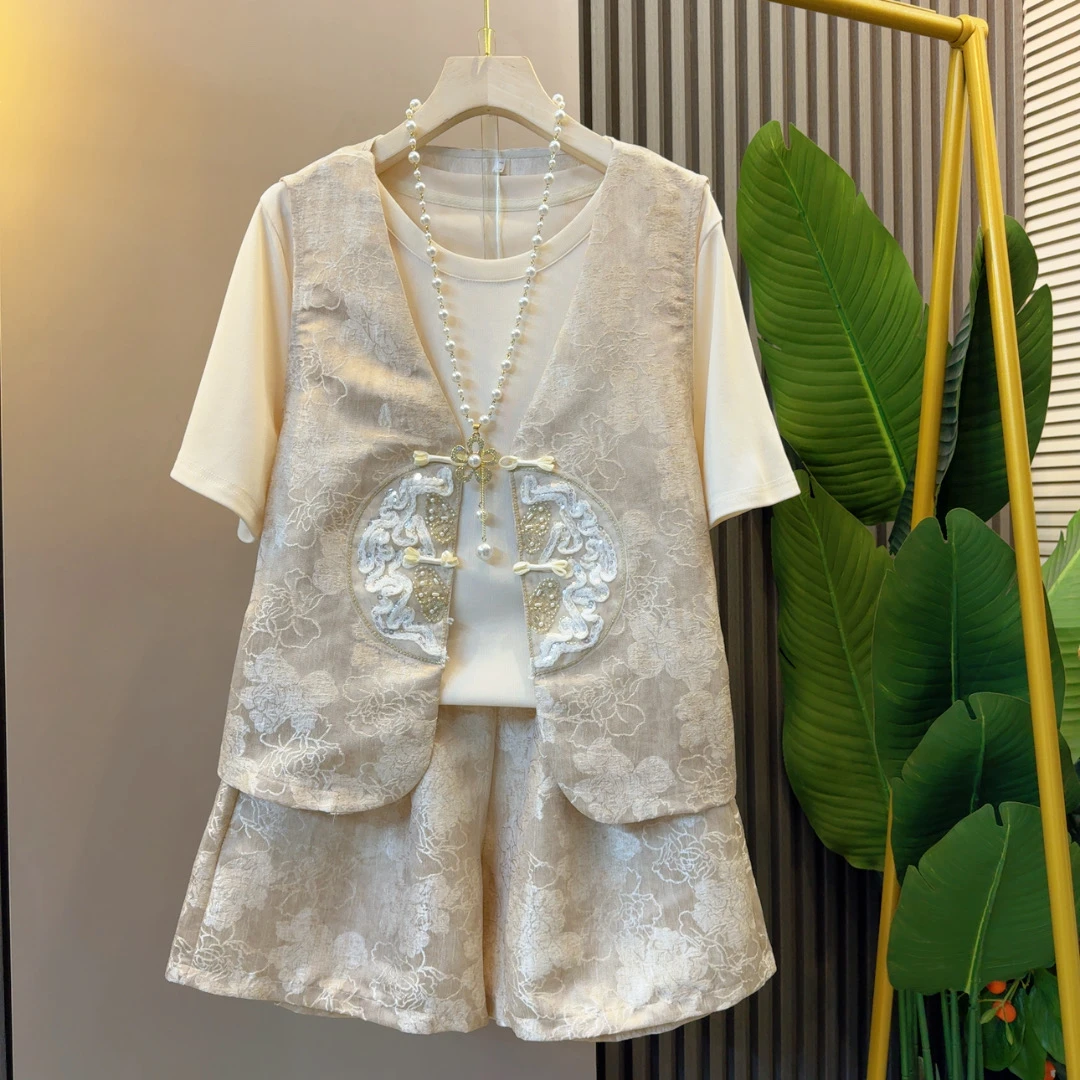 复古中国风夏季新款新中式大码套装洋气显瘦气质轻奢三件套