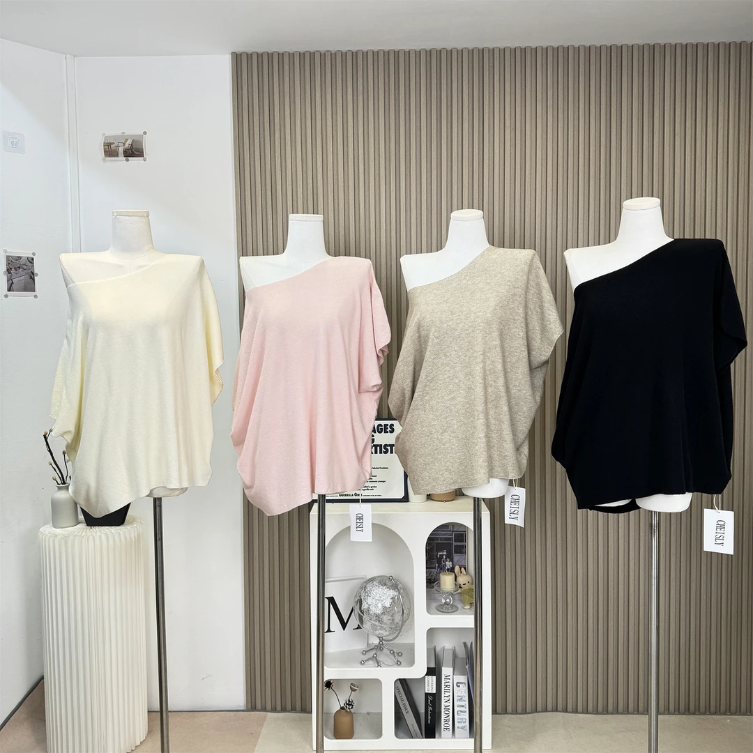 慵懒风不规则斜肩蝙蝠袖针织T恤女夏季百搭慵懒宽松显瘦上衣气质