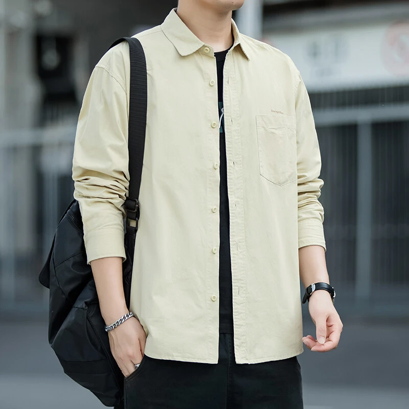 男装- 2025春季男士纯棉长袖衬衫休闲百搭工装衬衣纯色外套韩版