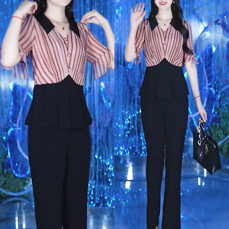 时尚减龄雪纺拼接套装女2025夏季新款显瘦短袖上衣微喇叭裤两件套