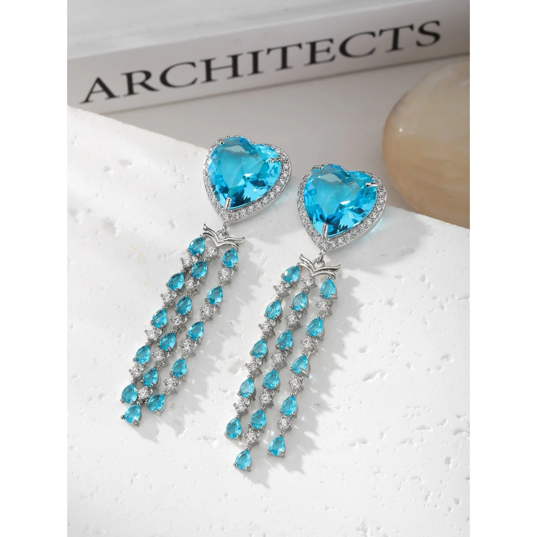 合金合成锆石耳饰 4766高级轻奢时尚爱心流苏耳环