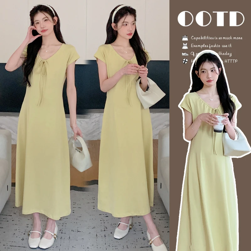 孕期通勤连衣裙夏季2025新款高级感孕妈穿搭法式潮妈系带大码裙子