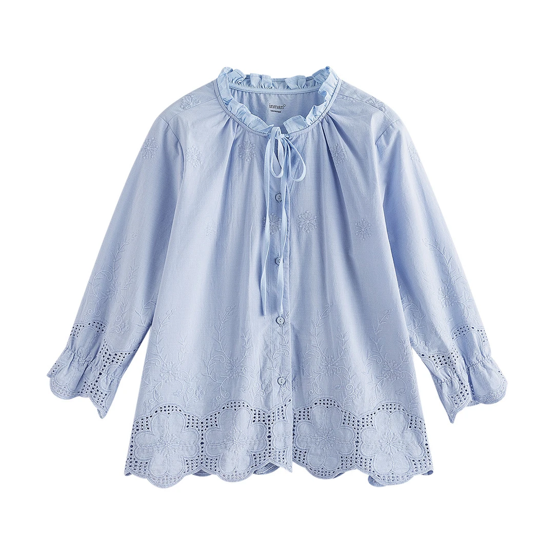 【双11提前购】茵曼25秋季木耳边镂空系带长袖衬衫纯棉休闲百搭衬