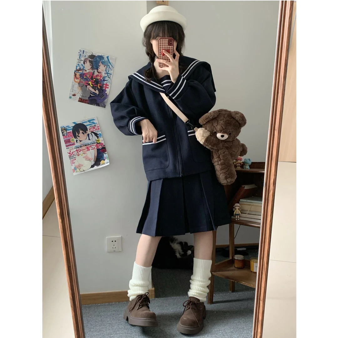学院风减龄毛呢套装秋冬新款简约海军领上衣+高腰半身裙两件套女