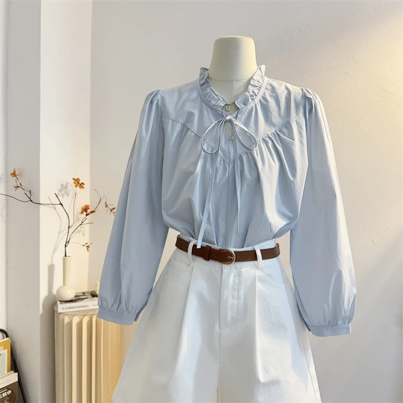 法式系带木耳立领衬衫女长袖2025春季宽松减龄内搭衬衣小个子衬衣