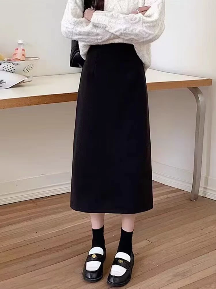 韩版拉链款A字包臀裙高腰显瘦开叉毛呢秋冬款中长裙2024气质百搭