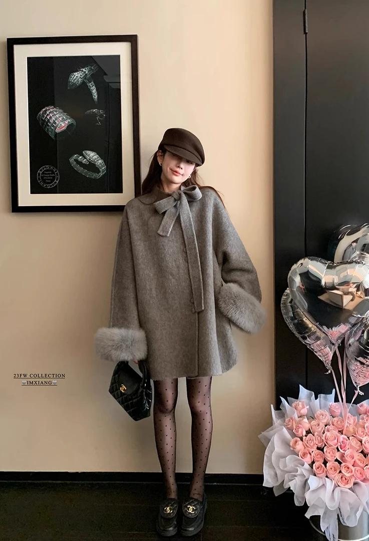 千金大小姐蝴蝶结双面手缝100%羊毛大衣中长款秋冬外套名媛双面呢