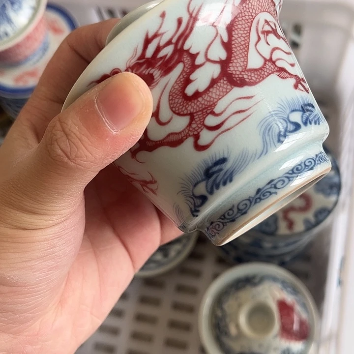 摆件景德镇釉里红穿云龙两才马蹄盖碗