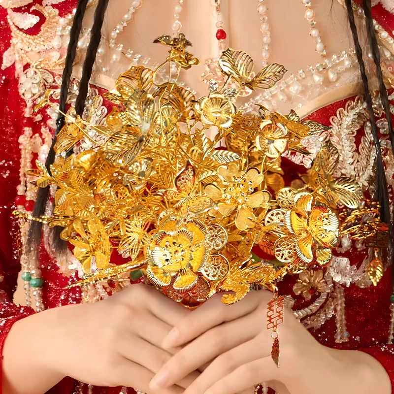 【尚宏原创】最新款金色手捧花diy材料包新娘婚礼秀禾闺蜜【荣华】