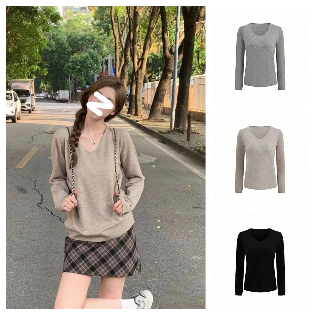 【松弛感纯欲】显瘦显白百搭V领套头长袖针织衫秋冬新款气质打底女