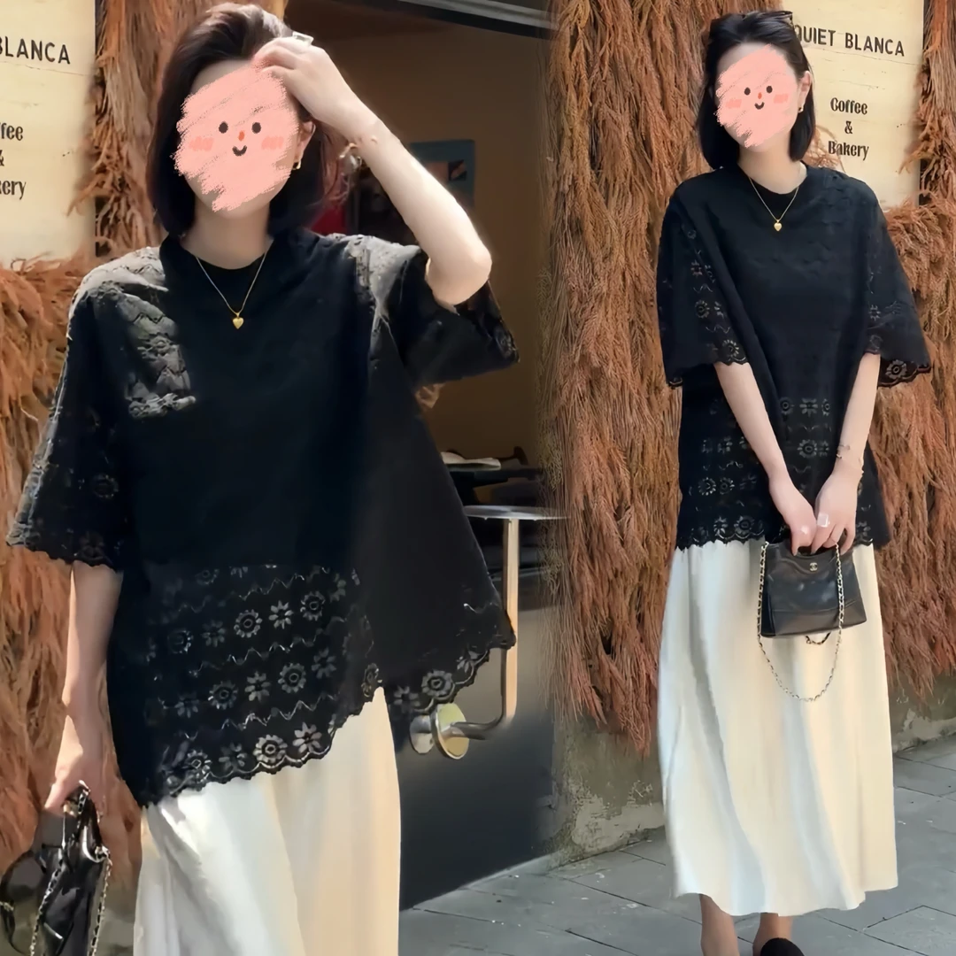 夏季新款重工刺绣蕾丝拼接圆领短袖T恤女高级感搭配显瘦半身裙款