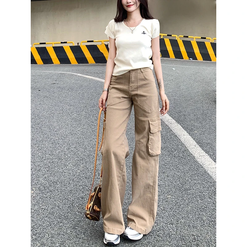 多口袋高腰工装牛仔裤女2025秋季新款街头风休闲宽松显瘦阔腿裤