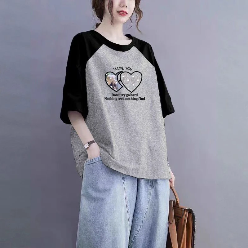 100%棉插肩袖短袖T恤女夏大码200斤宽松显瘦拼色洋气休闲减龄上衣