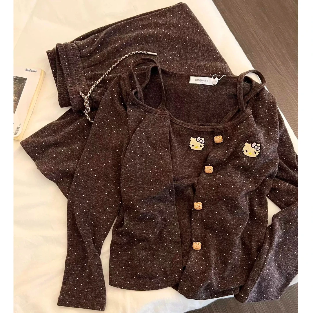 甜美风可爱波点氛围感睡衣吊带开衫长裤慵懒风家居服三件套