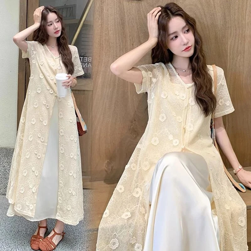 时髦孕妇装夏季新款爆款新中式温柔风钩花镂空罩衫显瘦吊带连衣裙