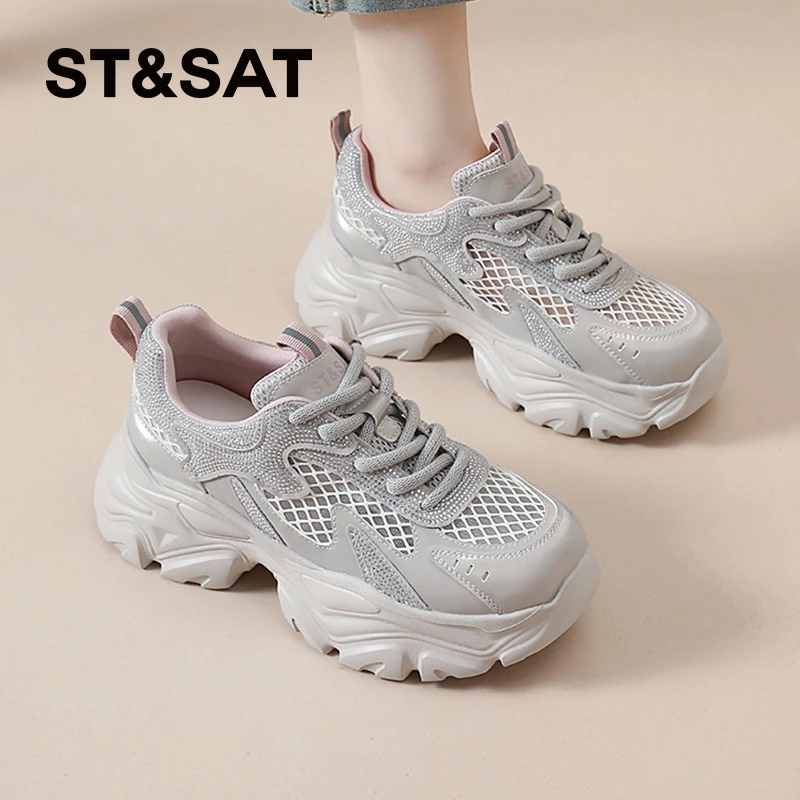 星期六老爹鞋女款2025新款夏季厚底网面透气运动休闲鞋显脚小白鞋