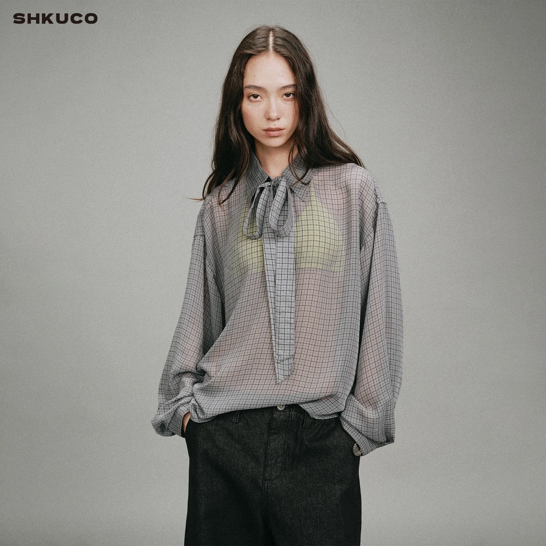 SHKUCO 经典复古格纹飘带衬衫上衣 宽松通透雾感薄纱防晒衬衣9314