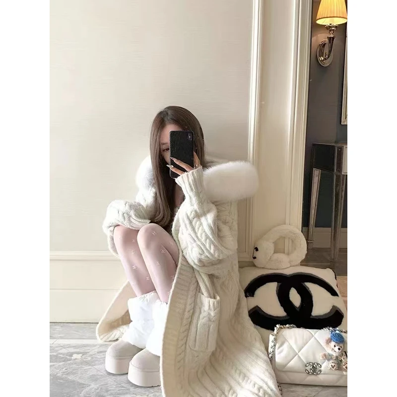 【雪兔精灵】C中长款针织衫可拆卸毛领秋冬外套法式慵懒