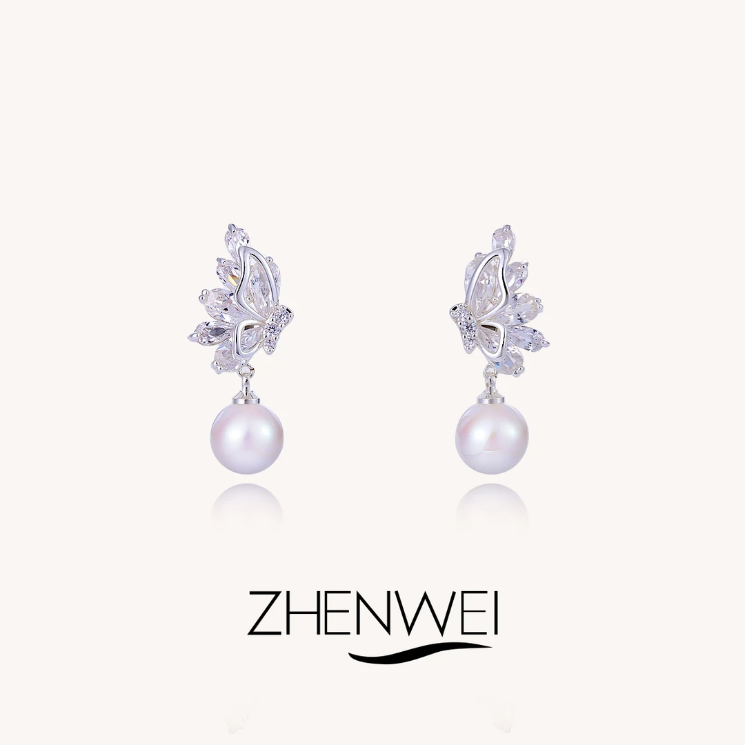 铜合金耳饰 ZHENWEI/甄薇  蝴蝶珠珠耳钉女甜美可爱高级感耳饰女