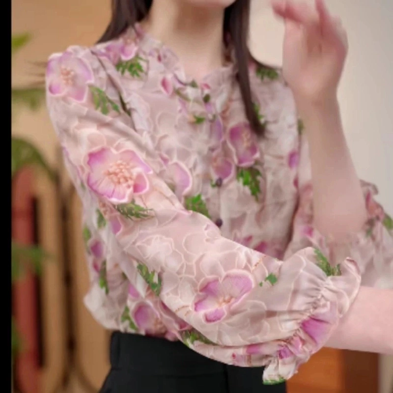 2025春装新款立领碎花网纱长袖OL职业气质休闲减龄百搭上衣女