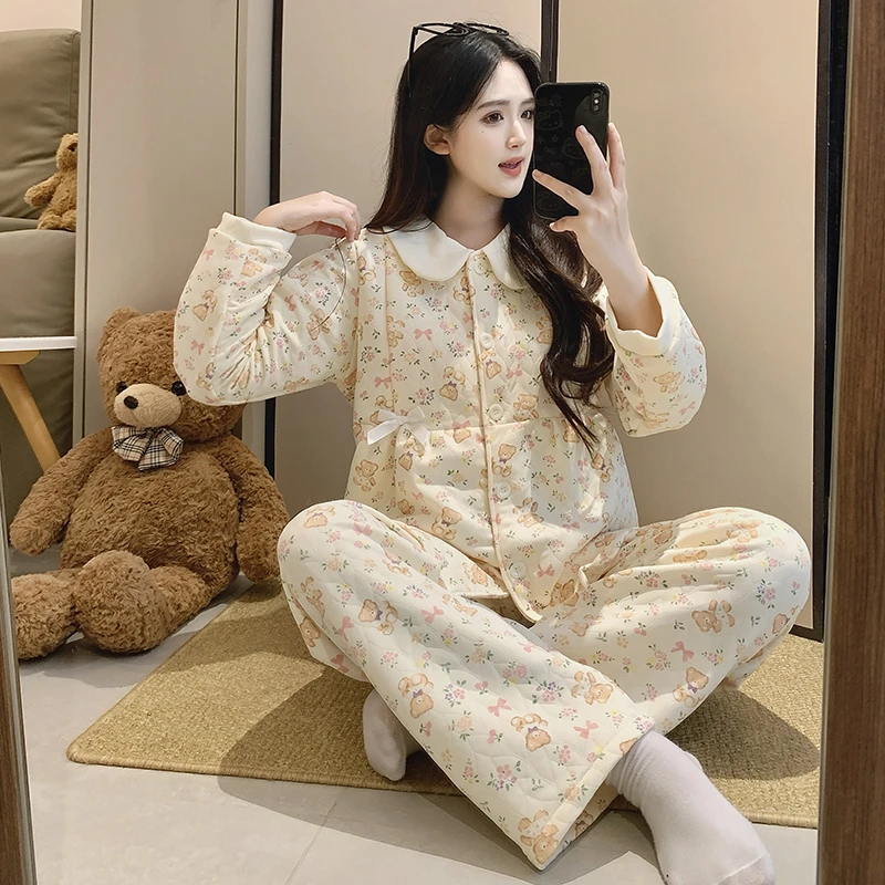 新款冬季空气棉夹层月子服哺乳喂奶衣套装【J1171】