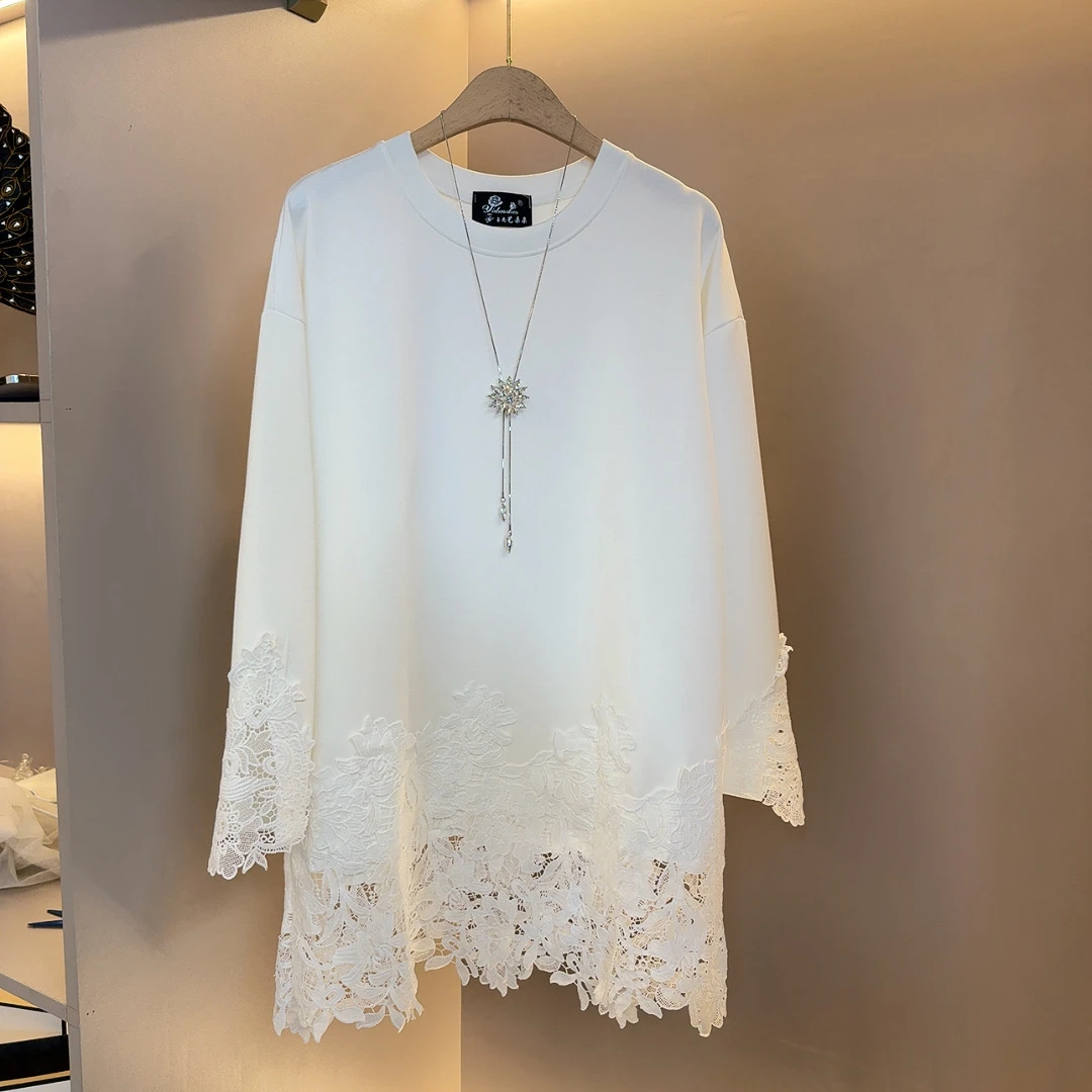 高级感简约显瘦蕾丝底摆拼接长袖T恤中长款遮肚小衫（衣长84）