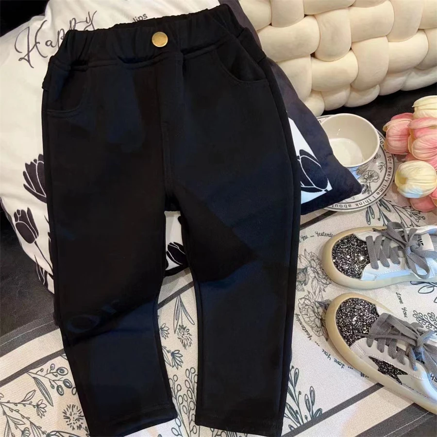 HHkids秋冬裤子2024新款黑色儿童一粒扣加绒休闲百搭小黑裤AKZ603