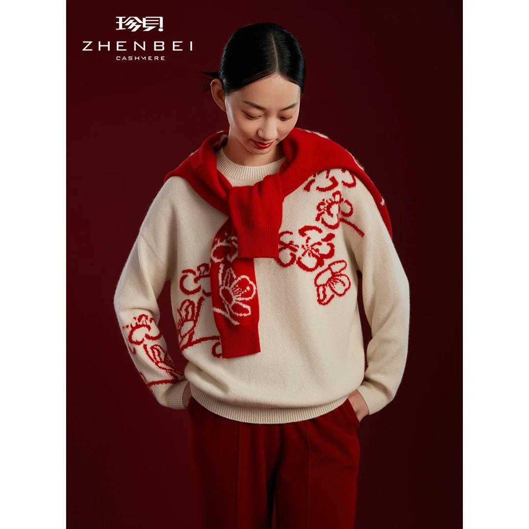 ZB/珍贝2024冬季新款国风纯羊绒衫女圆领宽松保暖针织上衣厚31158