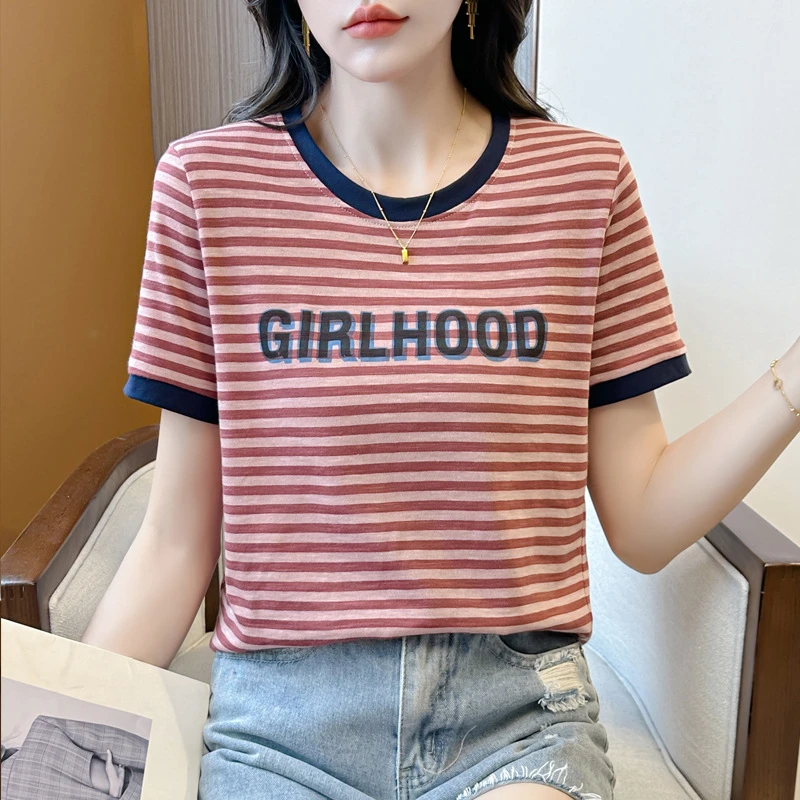 洋气减龄字母印花条纹撞色短袖T恤女夏季欧货微胖mm遮肚上衣