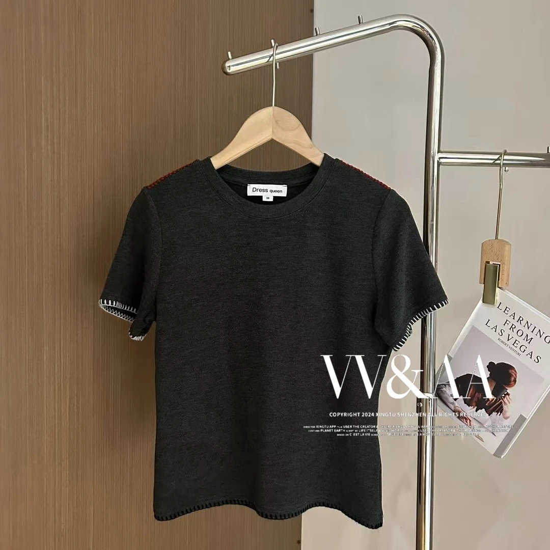 VV&AA 新款女装撞色包边反裁线圆领短袖上衣 D25199