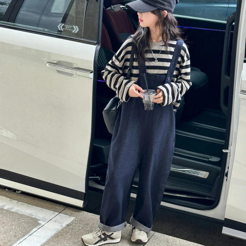 女童背带裤套装2025秋季新款中大童条纹上衣洋气吊带裤两件套潮