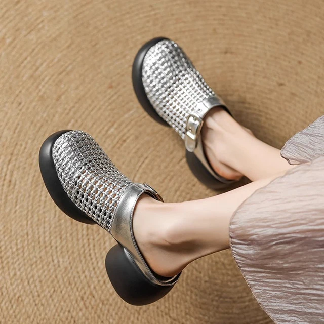 2025年夏季新款休闲凉拖鞋女真皮高跟镂空百搭厚底外穿包头半拖鞋