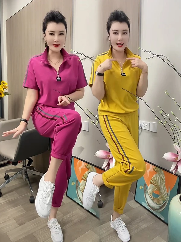 2025年新款时尚洋气韩版夏季女运动套装宽松显瘦短袖休闲裤套装