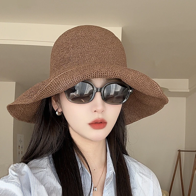 夏季细勾针遮阳帽纯手工细草渔夫帽子女夏季出游圆顶草帽防晒帽潮