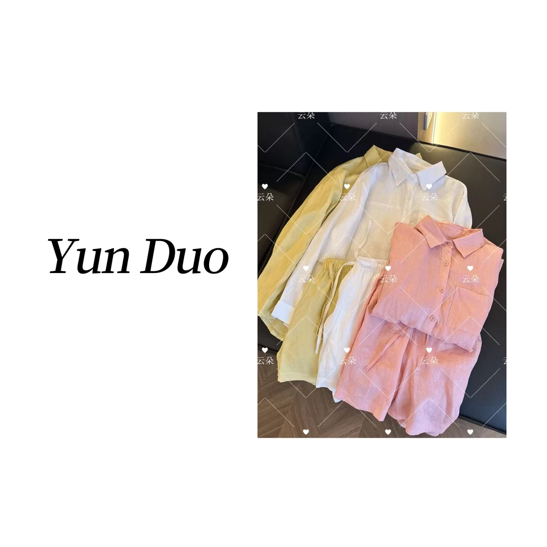 云朵定制【夏日诗】慵懒松弛感纯色亚麻衬衫短裤两件套LD05