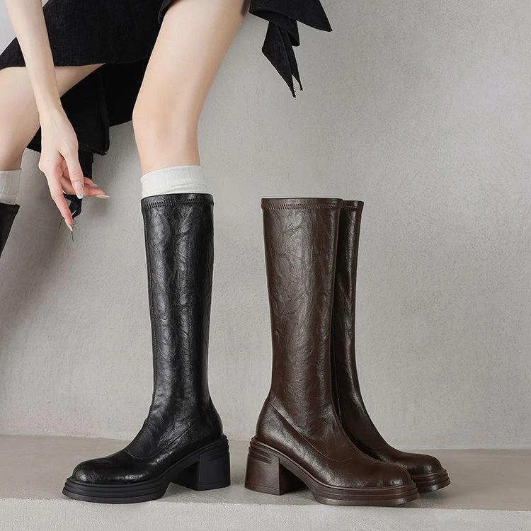 真皮防水台圆头厚底长筒靴子女秋冬小个子超高粗跟骑士靴长靴女靴